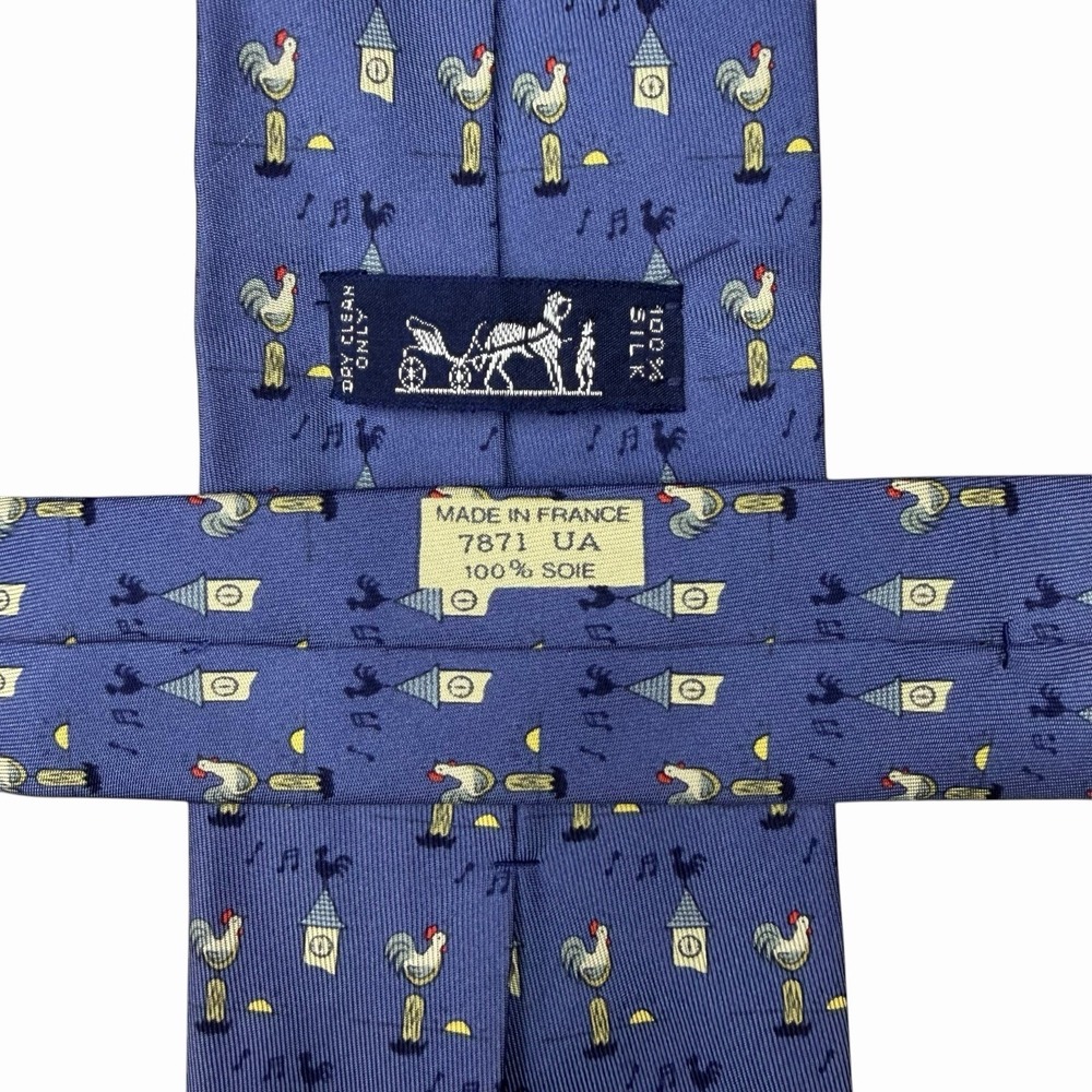 Hermes Men's Tie Rooster Clock Tower Navy Blue Silk 7871 UA 3 5/8" (W) x 64" (L) - Picture 3 of 4